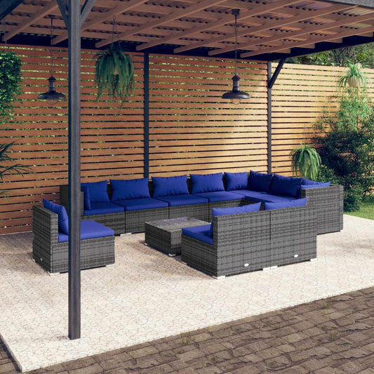 11-tlg. Garten-Lounge-Set mit Kissen Poly Rattan Grau 96247