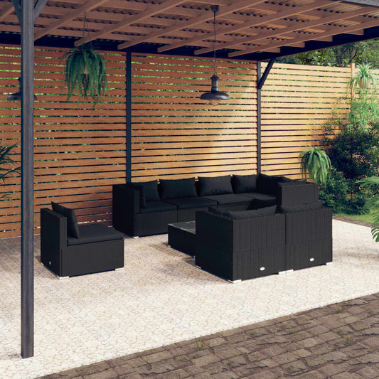 9-tlg. Garten-Lounge-Set mit Kissen Poly Rattan Schwarz 113523