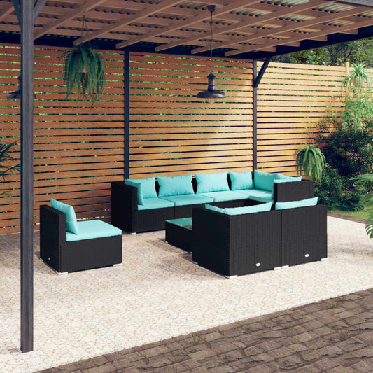 9-tlg. Garten-Lounge-Set mit Kissen Poly Rattan Schwarz 114932