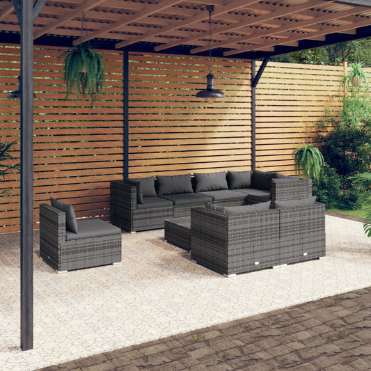 9-tlg. Garten-Lounge-Set mit Kissen Poly Rattan Grau 114218