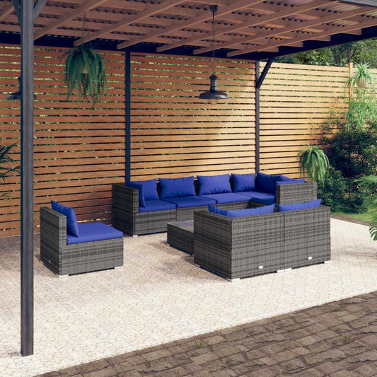 9-tlg. Garten-Lounge-Set mit Kissen Poly Rattan Grau 96241