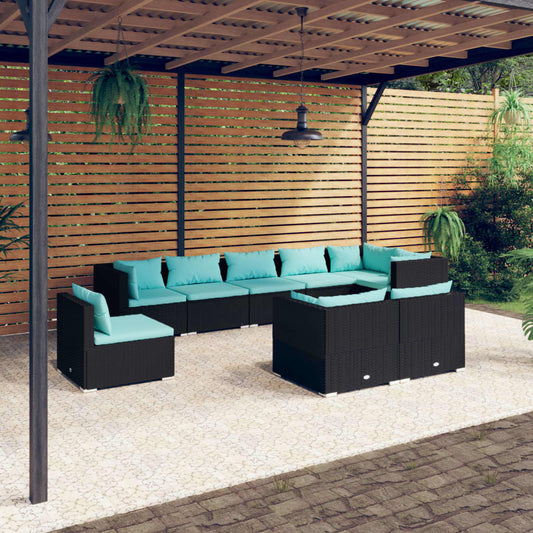 9-tlg. Garten-Lounge-Set mit Kissen Poly Rattan Schwarz 116538