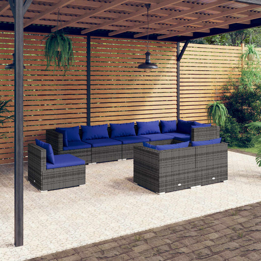 9-tlg. Garten-Lounge-Set mit Kissen Poly Rattan Grau 101066