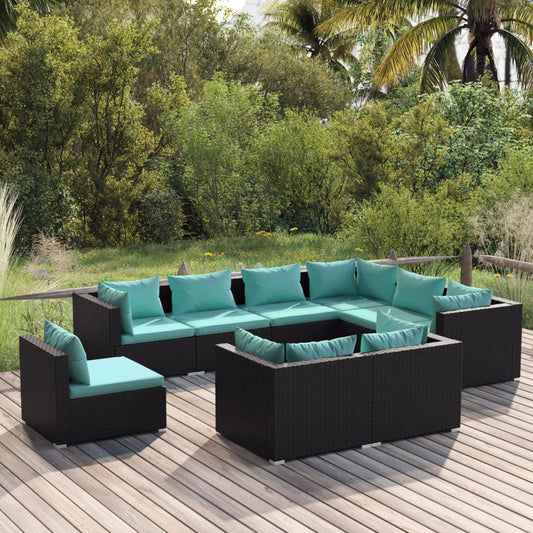 9-tlg. Garten-Lounge-Set mit Kissen Poly Rattan Schwarz 116565