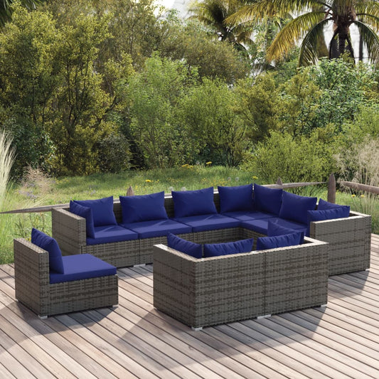 9-tlg. Garten-Lounge-Set mit Kissen Poly Rattan Grau 100362