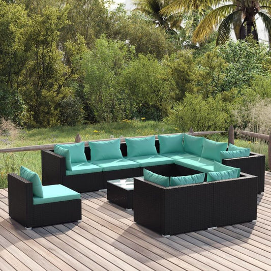 10-tlg. Garten-Lounge-Set mit Kissen Poly Rattan Schwarz 96066