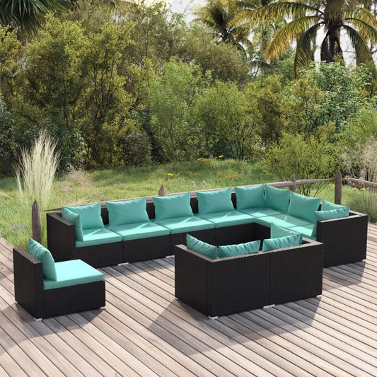 10-tlg. Garten-Lounge-Set mit Kissen Poly Rattan Schwarz 96061