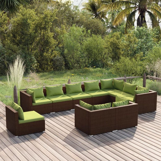 10-tlg. Garten-Lounge-Set mit Kissen Poly Rattan Braun 96778