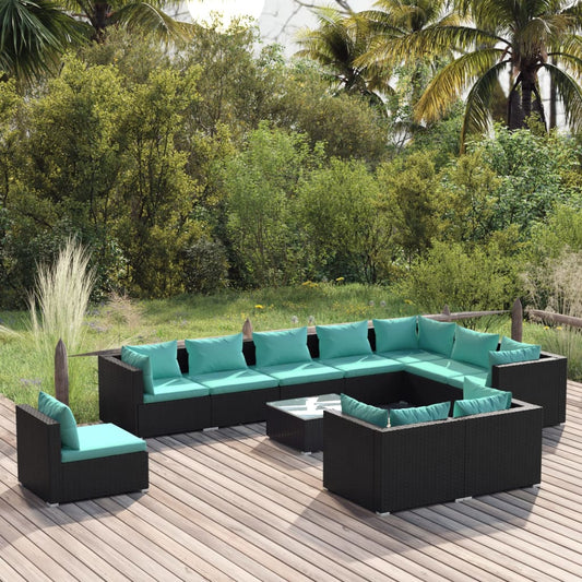 11-tlg. Garten-Lounge-Set mit Kissen Poly Rattan Schwarz 116549