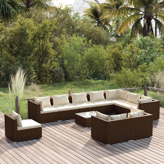 11-tlg. Garten-Lounge-Set mit Kissen Poly Rattan Braun 108708