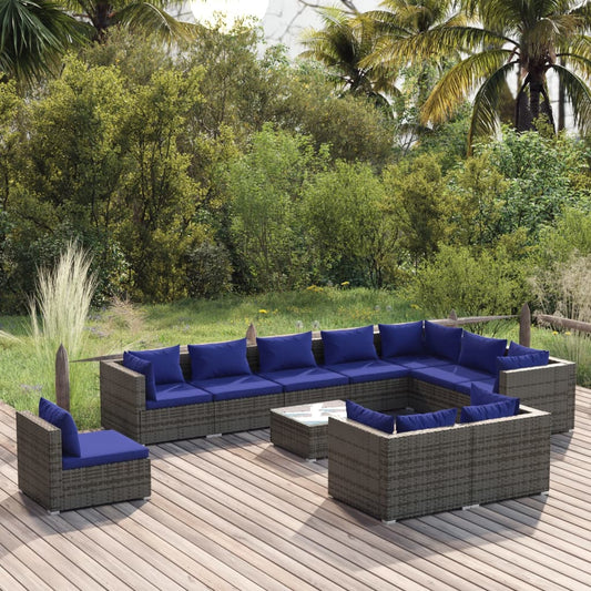 11-tlg. Garten-Lounge-Set mit Kissen Poly Rattan Grau 100394