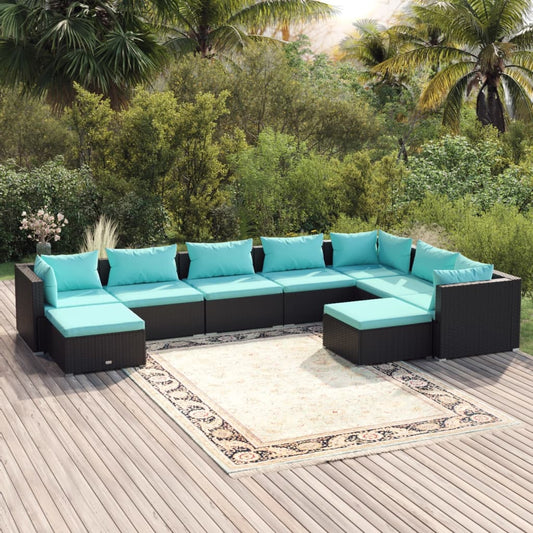 9-tlg. Garten-Lounge-Set mit Kissen Poly Rattan Schwarz 102633