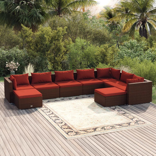 9-tlg. Garten-Lounge-Set mit Kissen Poly Rattan Braun 102316