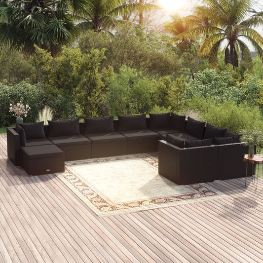 10-tlg. Garten-Lounge-Set mit Kissen Poly Rattan Schwarz 104438