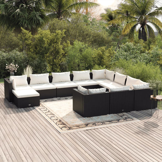 11-tlg. Garten-Lounge-Set mit Kissen Poly Rattan Schwarz 95654