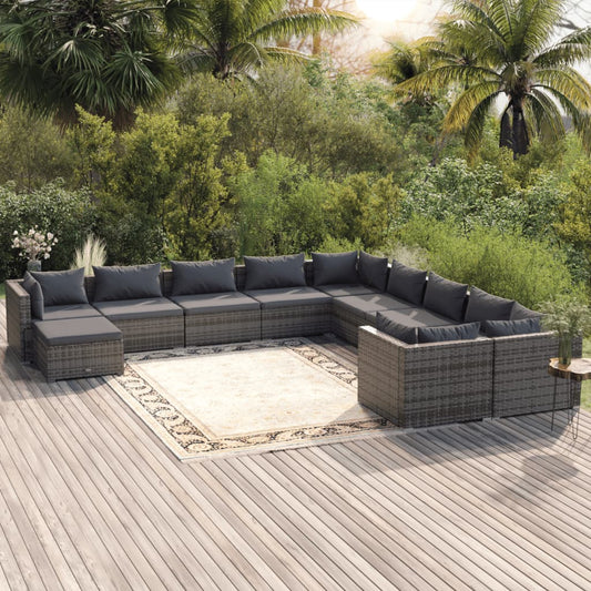 11-tlg. Garten-Lounge-Set mit Kissen Poly Rattan Grau 113822