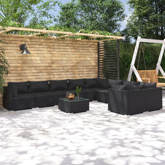 10-tlg. Garten-Lounge-Set mit Kissen Poly Rattan Schwarz 109706