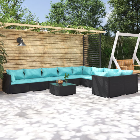 10-tlg. Garten-Lounge-Set mit Kissen Poly Rattan Schwarz 114923