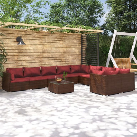 10-tlg. Garten-Lounge-Set mit Kissen Poly Rattan Braun 95891