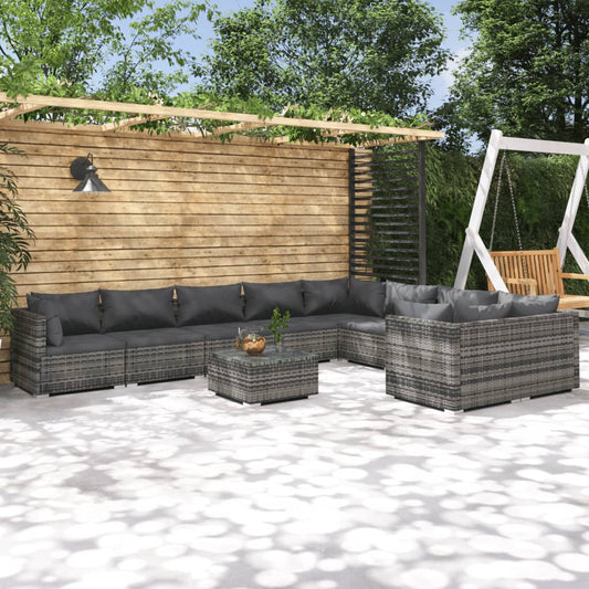 10-tlg. Garten-Lounge-Set mit Kissen Poly Rattan Grau 114224