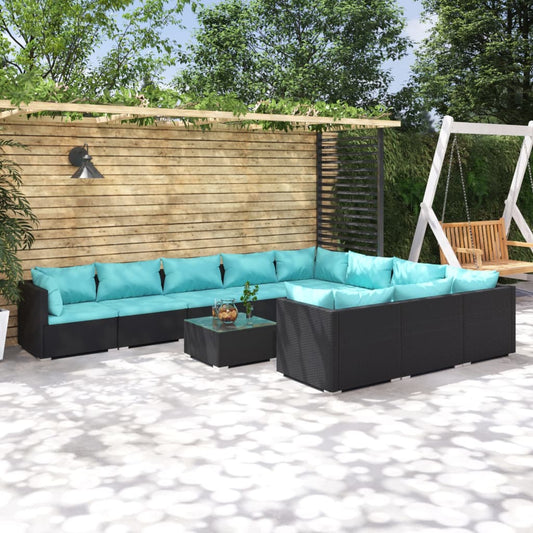 11-tlg. Garten-Lounge-Set mit Kissen Poly Rattan Schwarz 96074