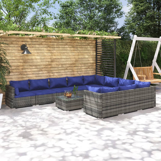 11-tlg. Garten-Lounge-Set mit Kissen Poly Rattan Grau 100353