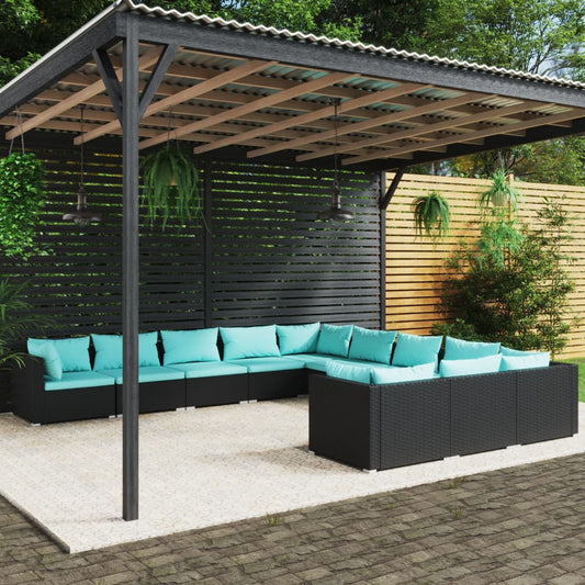 11-tlg. Garten-Lounge-Set mit Kissen Poly Rattan Schwarz 116555