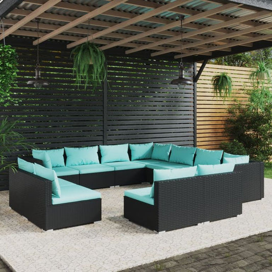 11-tlg. Garten-Lounge-Set mit Kissen Schwarz Poly Rattan 96087