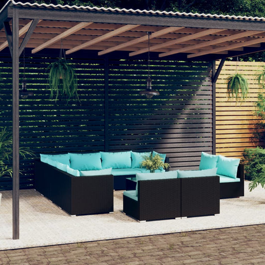 12-tlg. Garten-Lounge-Set mit Kissen Schwarz Poly Rattan 116535