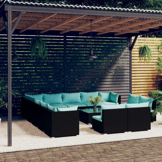 14-tlg. Garten-Lounge-Set mit Kissen Schwarz Poly Rattan 114910