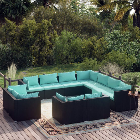 11-tlg. Garten-Lounge-Set mit Kissen Schwarz Poly Rattan 116537