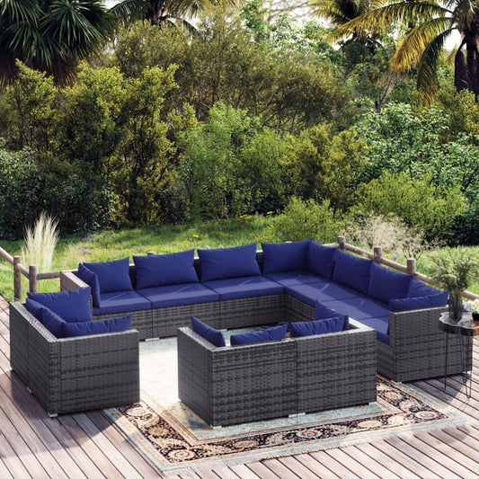 11-tlg. Garten-Lounge-Set mit Kissen Grau Poly Rattan 95922