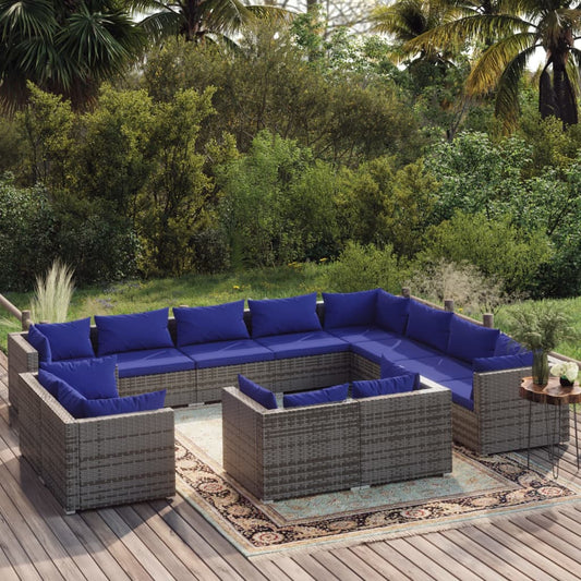 12-tlg. Garten-Lounge-Set mit Kissen Grau Poly Rattan 120001