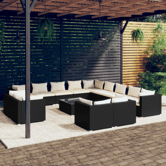 14-tlg. Garten-Lounge-Set mit Kissen Schwarz Poly Rattan 95356