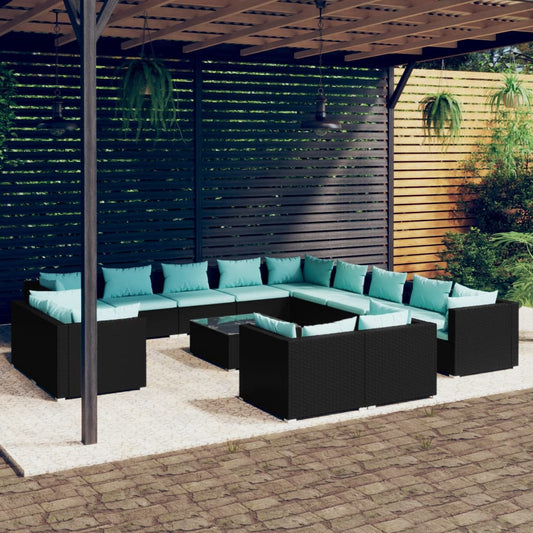 14-tlg. Garten-Lounge-Set mit Kissen Schwarz Poly Rattan 116533