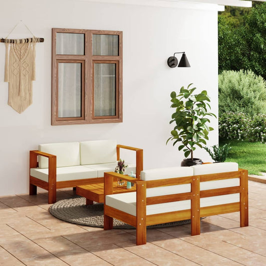 3-tlg. Garten-Lounge-Set mit Cremeweißen Kissen Massivholz 113194