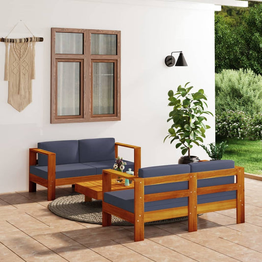 3-tlg. Garten-Lounge-Set mit Dunkelgrauen Kissen Massivholz 115401