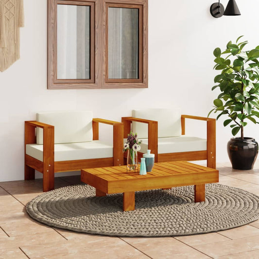 3-tlg. Garten-Lounge-Set mit Cremeweißen Kissen Massivholz 113195