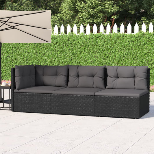 3-tlg. Garten-Lounge-Set mit Kissen Schwarz Poly Rattan 115987