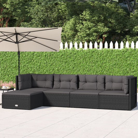 5-tlg. Garten-Lounge-Set mit Kissen Schwarz Poly Rattan 115996