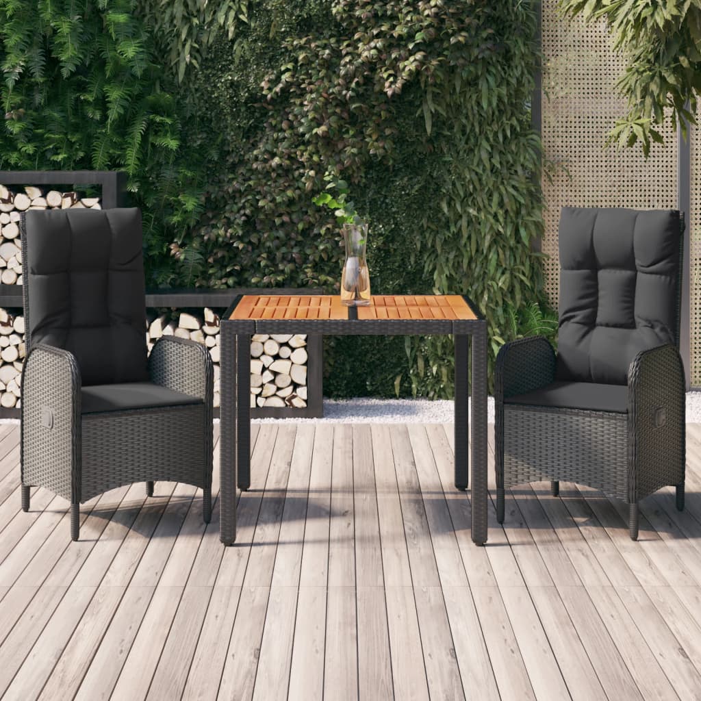 3-tlg. Garten-Essgruppe mit Kissen Schwarz Poly Rattan 113306