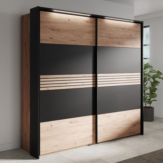 MELIKA 302SX Kleiderschrank mit Passepartout inkl. LED-Beleuchtung Schwarz / Artisan Eiche