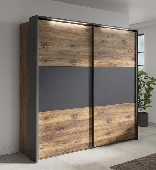 VENUSIA 302SX Kleiderschrank mit Passepartout inkl. LED-Beleuchtung Flagstaff Eiche / Matera