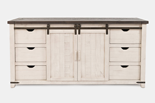 Avola Massivholz Sideboard Groß aus recyceltem Kiefernholz Antikweiß / Dunkelbraun