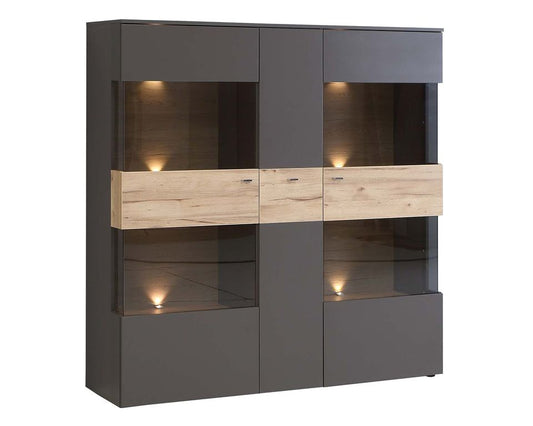 LATINA Highboard inkl. Beleuchtung Planked Eiche / Grau