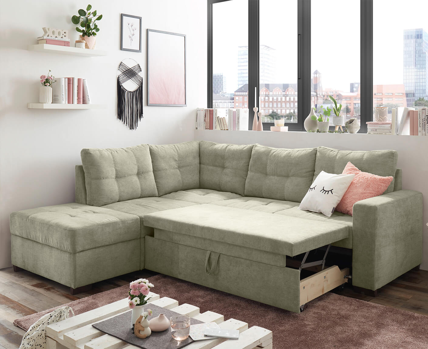 Adone Ecksofa 234 x 213 cm, mit Schlaffunktion & Bettkasten