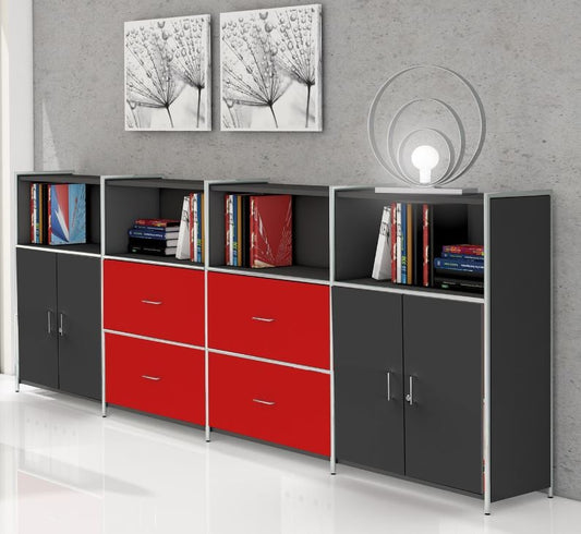 ARTLINE TYP14 Highboard 3 OH Regal Sideboard Büroregal Regalwand Anthrazit/Rot - Froschkönig24