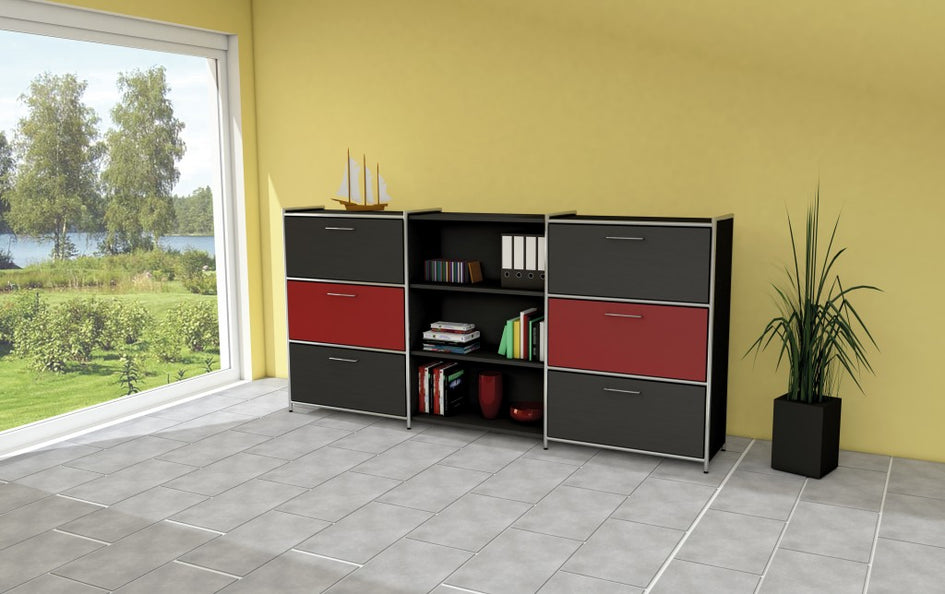 ARTLINE TYP19 Highboard 3 OH Regal Sideboard Büroregal Regalwand Anthrazit/Rot - Froschkönig24