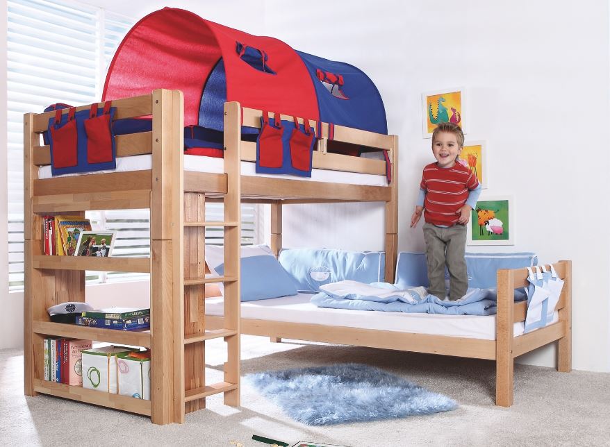 Etagenbett BENI L Kinderbett Spielbett Hochbett Bett Natur Stoffset Blau/Rot - Froschkönig24