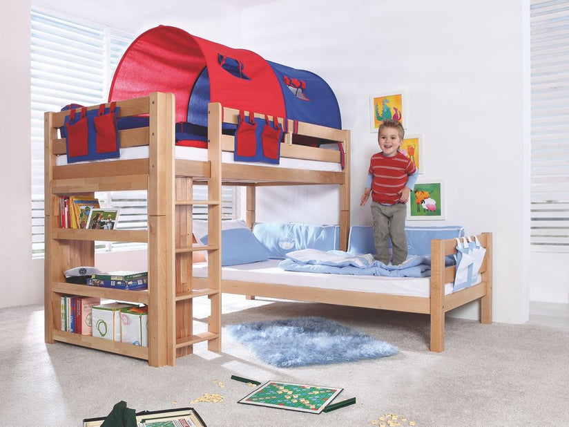 Etagenbett BENI L Kinderbett Spielbett Hochbett Bett Natur Stoffset Blau/Rot - Froschkönig24